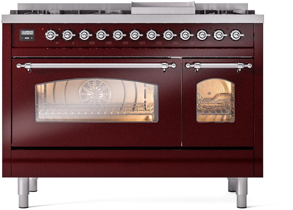 ILVE Nostalgie II 48" Dual Fuel Natural Gas Range, Burgundy, Chrome Trim ILVE UP48FNMPBUC