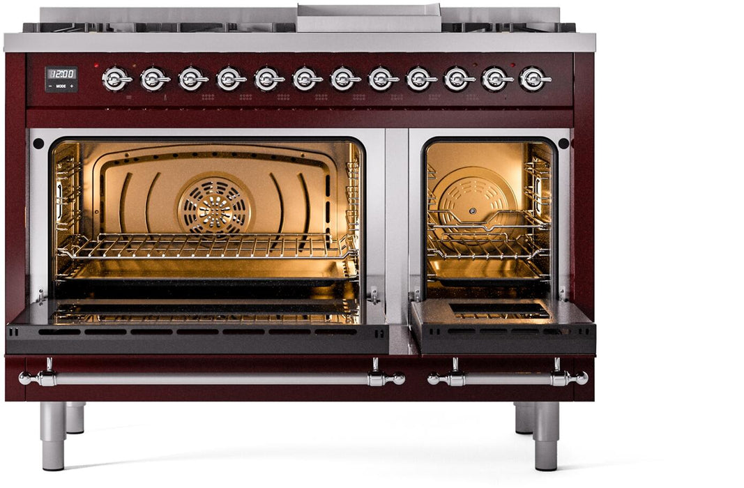 ILVE Nostalgie II 48" Dual Fuel Natural Gas Range, Burgundy, Chrome Trim ILVE UP48FNMPBUC