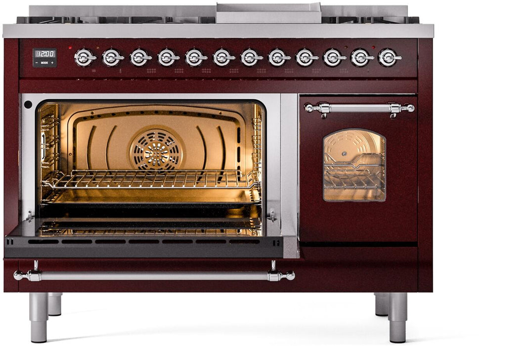 ILVE Nostalgie II 48" Dual Fuel Natural Gas Range, Burgundy, Chrome Trim ILVE UP48FNMPBUC