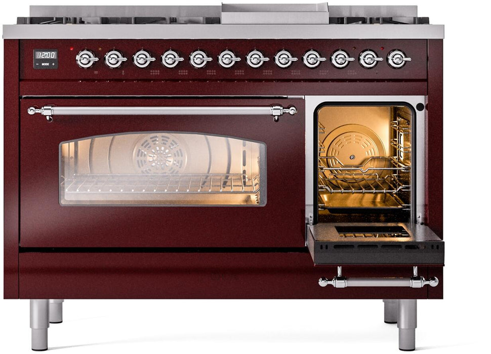 ILVE Nostalgie II 48" Dual Fuel Liquid Propane Range, Burgundy, Chrome Trim ILVE UP48FNMPBUCLP