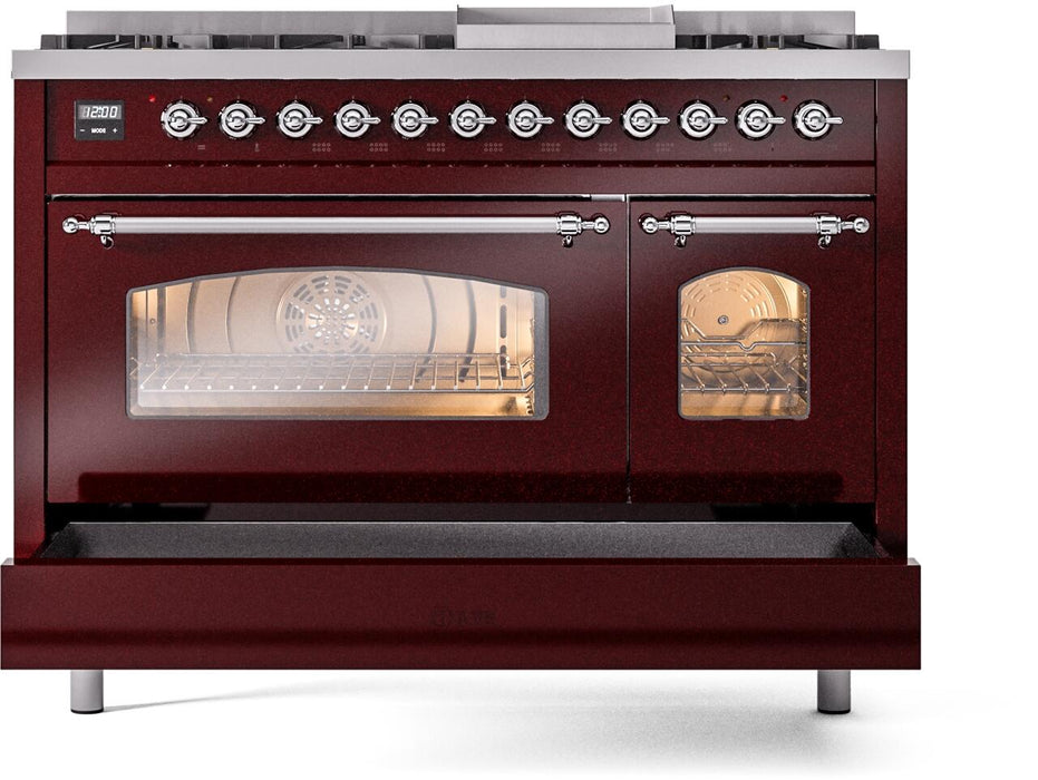 ILVE Nostalgie II 48" Dual Fuel Natural Gas Range, Burgundy, Chrome Trim ILVE UP48FNMPBUC