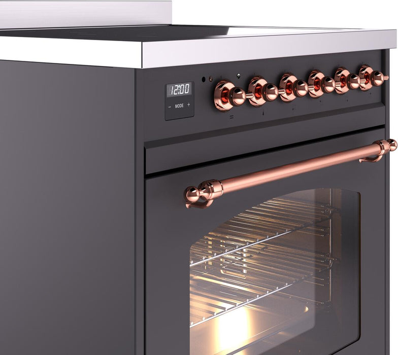 ILVE Nostalgie II 30" Electric Range, Matte Graphite, Copper Trim UPI304NMPMGP