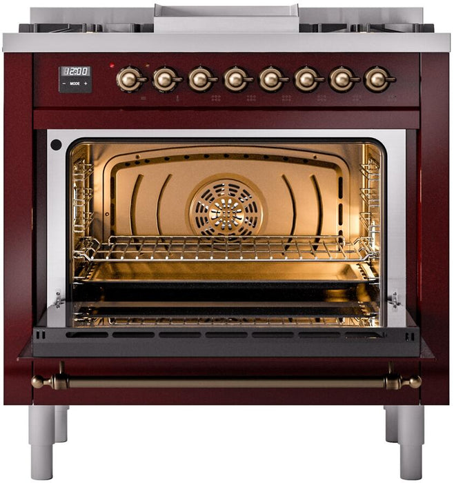 ILVE Nostalgie II 36" Dual Fuel Liquid Propane Range, Burgundy, Bronze Trim UP36FNMPBUBLP