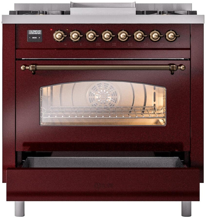 ILVE Nostalgie II 36" Dual Fuel Liquid Propane Range, Burgundy, Bronze Trim UP36FNMPBUBLP