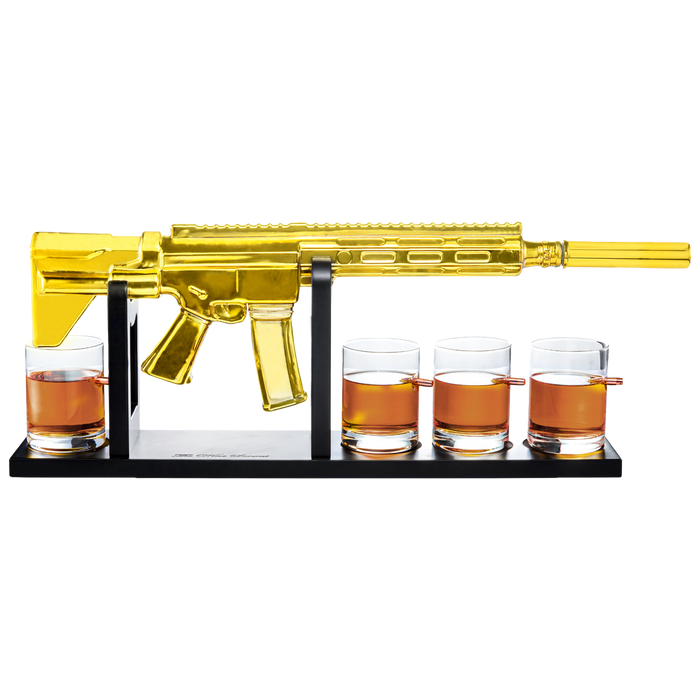 AR15 Gold Whiskey Decanter Set with 4 Bullet Whiskey Glasses - The Wine Savant, Gift for Fathers, Uncles, Sons - Veteran Gifts, Military Gift, Home Bar Gift, Father's Day