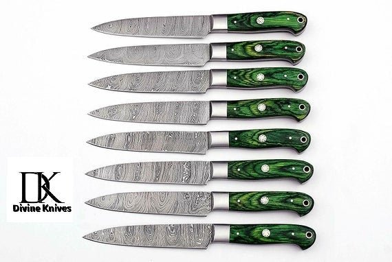 Damascus Steak Knife Set of 8 — Twisted Damascus Blades, Green Pakka Wood Handles