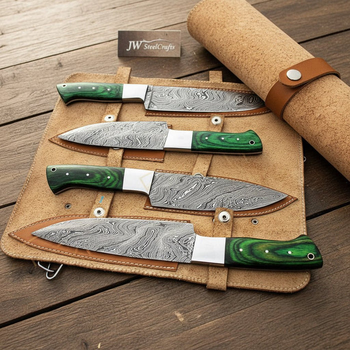 Handmade Damascus Kitchen Knife Set – Chef, Santoku, Utility Knives with Green Wood Handles