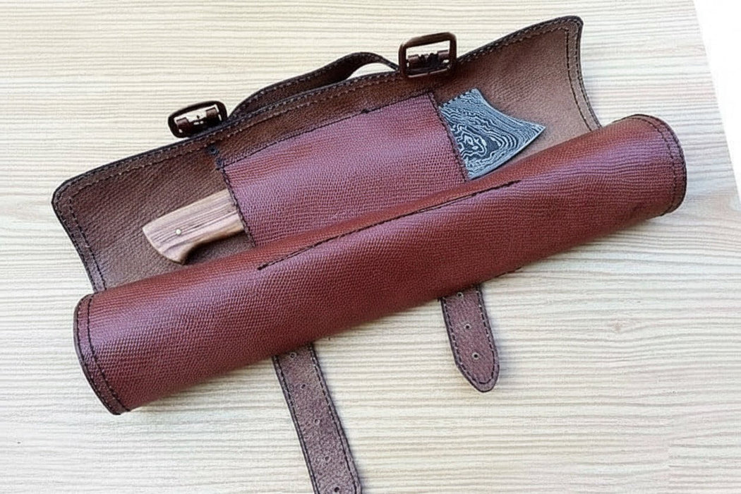 4 Piece Damascus Kitchen Knife Set with Olive Wood Handles and Leather Roll, Chef Santoku Utility and Cleaver Handmade Cooking Knives
