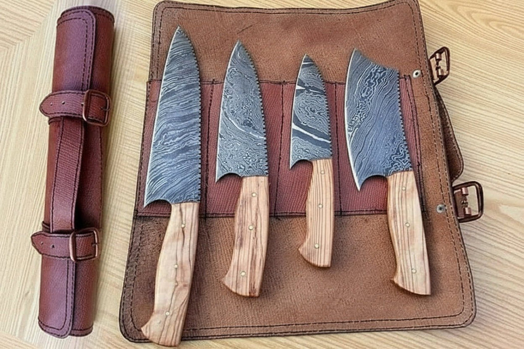 4 Piece Damascus Kitchen Knife Set with Olive Wood Handles and Leather Roll, Chef Santoku Utility and Cleaver Handmade Cooking Knives