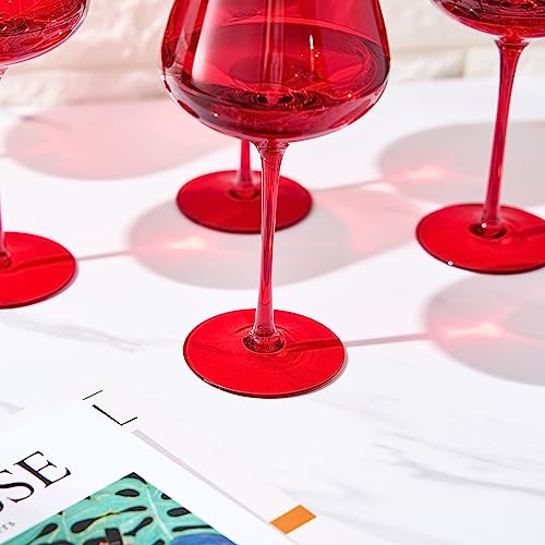 Colored Crystal Wine Glass Set of 6 - Large 20 oz Glasses (Bright Red)