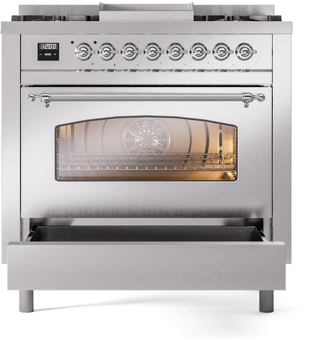 ILVE Nostalgie II 36" Dual Fuel Liquid Propane Range, Stainless Steel, Chrome Trim UP36FNMPSSCLP