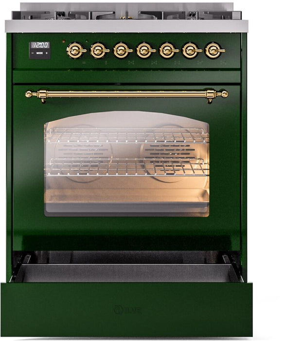 ILVE Nostalgie II 30" Dual Fuel Liquid Propane Range, Emerald Green, Brass Trim UP30NMPEGGLP