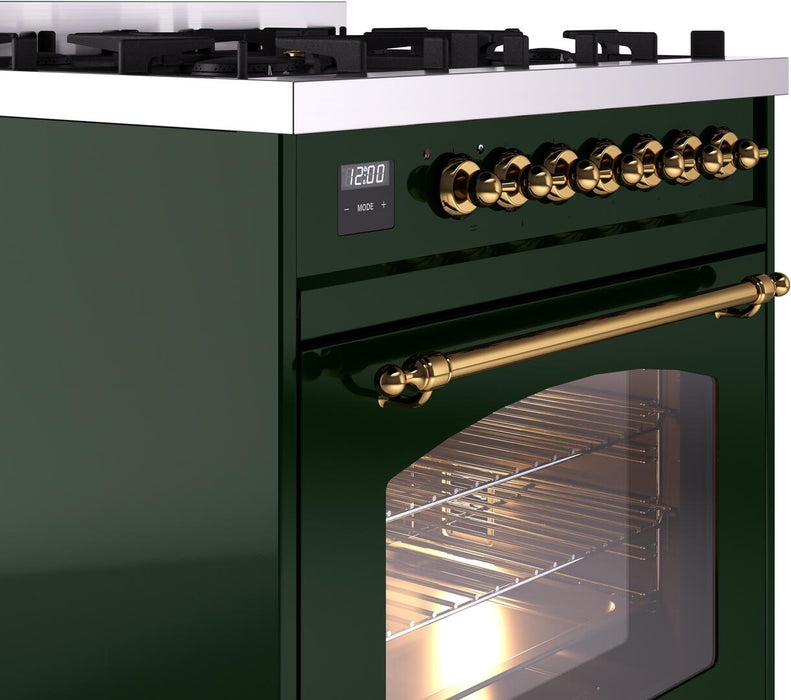 ILVE Nostalgie II 30" Dual Fuel Liquid Propane Range, Emerald Green, Brass Trim UP30NMPEGGLP