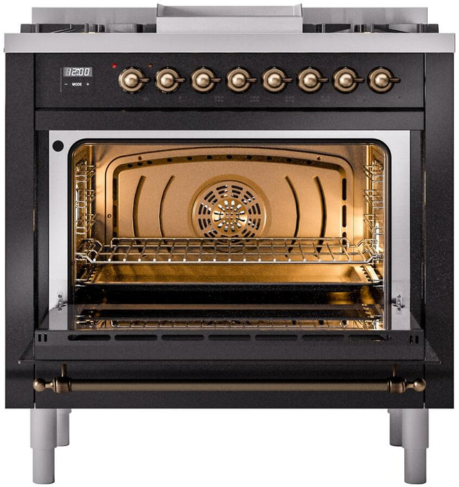 ILVE Nostalgie II 36" Dual Fuel Liquid Propane Range, Glossy Black, Bronze Trim UP36FNMPBKBLP