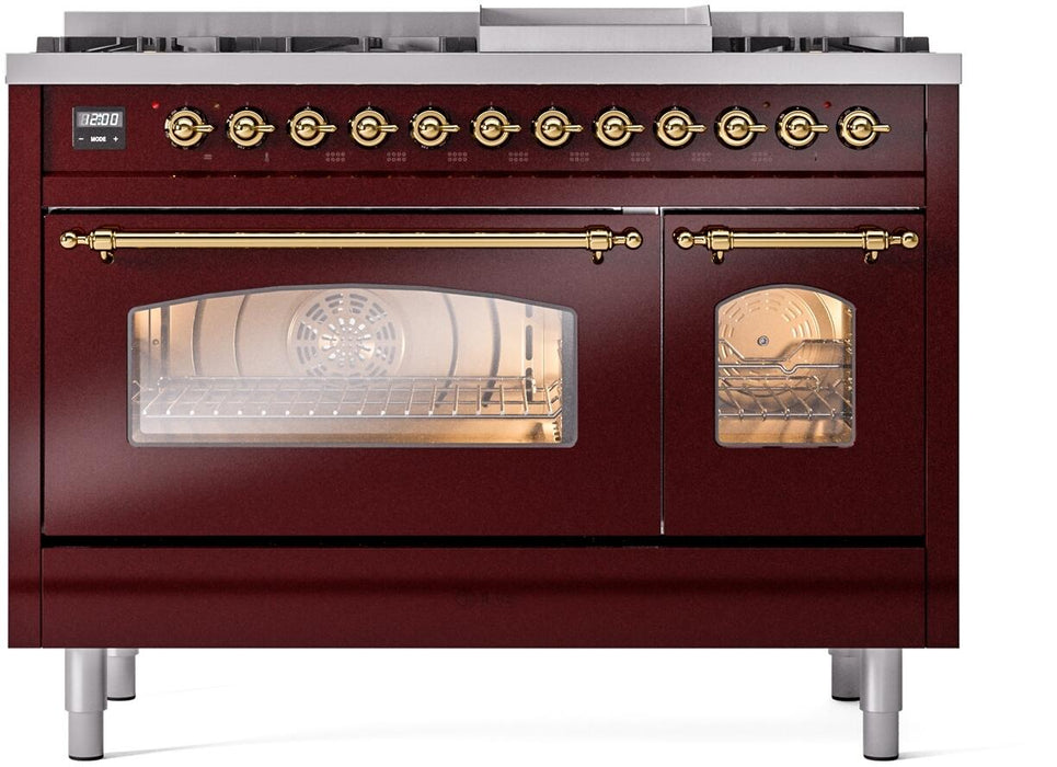 ILVE Nostalgie II 48" Dual Fuel Liquid Propane Range, Burgundy, Brass Trim ILVE UP48FNMPBUGLP