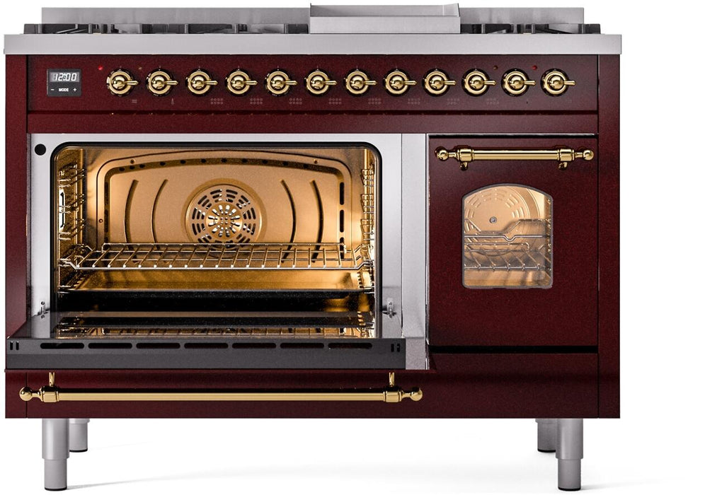 ILVE Nostalgie II 48" Dual Fuel Liquid Propane Range, Burgundy, Brass Trim ILVE UP48FNMPBUGLP