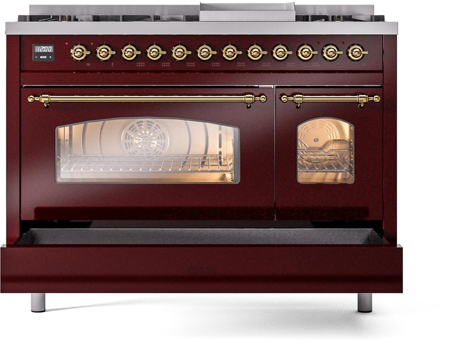 ILVE Nostalgie II 48" Dual Fuel Liquid Propane Range, Burgundy, Brass Trim ILVE UP48FNMPBUGLP