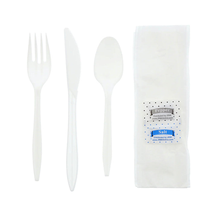 Cutlery Kit, PP, 6 Piece White Medium Weight (F,K,S,Nap,S&P), 250 Kits