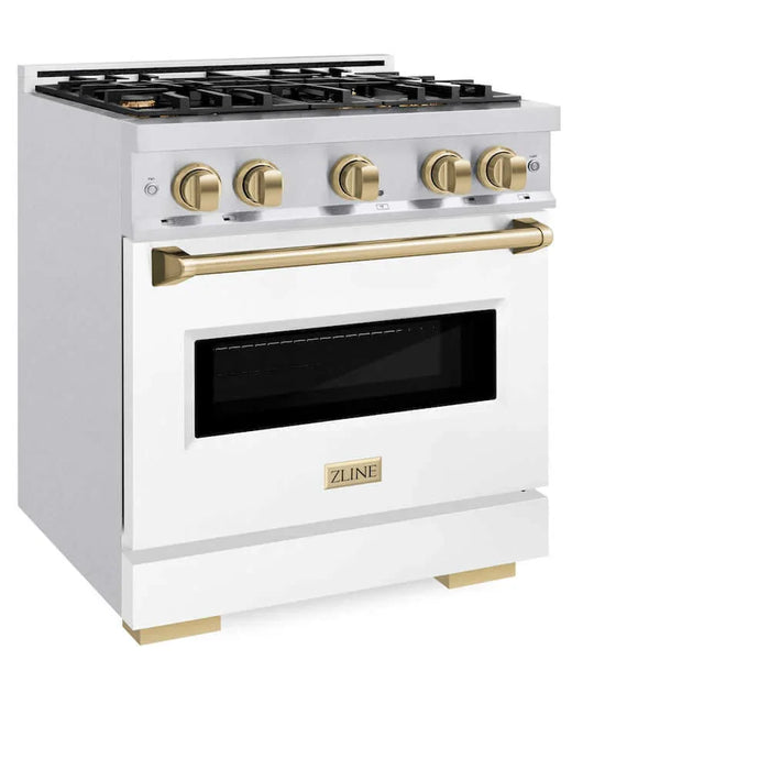 ZLINE 30" Dual Fuel Range, Gas Cooktop, Electric Convection Oven DuraSnow® Stainless Steel, White Matte Door, Champagne Bronze CDRSZ-WM-30-CB