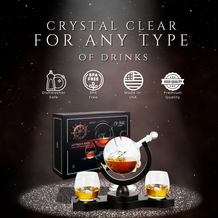 Rotating Whiskey Decanter Globe Set with 2 10OZ Etched Whiskey Glasses | 29 OZ | Moving Interactive World Globe, Gifts for Men Dad, Anniversary for Liquor Scotch Bourbon - Batteries NOT Included
