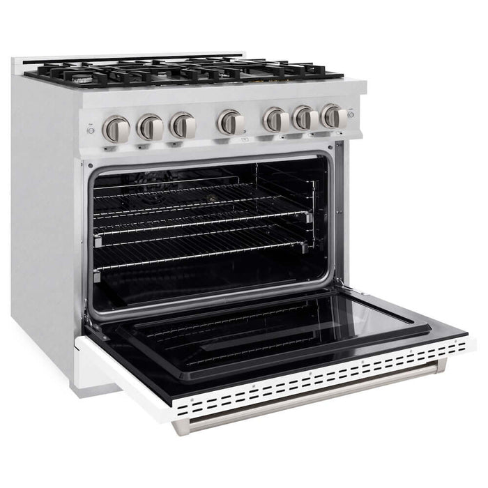 ZLINE 36" Dual Fuel Range, Gas Cooktop, Electric Convection Oven DuraSnow® Stainless Steel, White Matte Door CDRS-WM-36