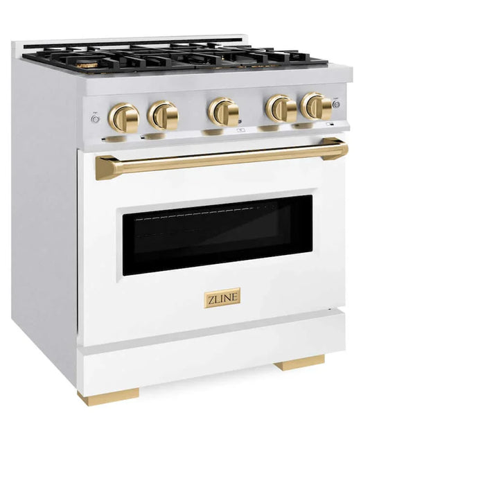 ZLINE 30" Dual Fuel Range, Gas Cooktop, Electric Convection Oven DuraSnow® Stainless Steel, White Matte Door, Gold CDRSZ-WM-30-G