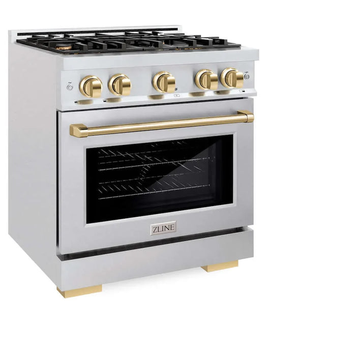 ZLINE 30" Select Dual Fuel Range Gas Cooktop Electric Convection Oven DuraSnow® Stainless Steel Gold HDRSZ-30-G