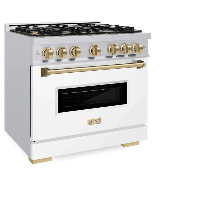 ZLINE 36" Dual Fuel Range, Gas Cooktop, Electric Convection Oven Stainless Steel, Matte White Door Champagne Bronze CDRZ-WM-36-CB