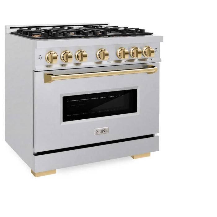 ZLINE 36" Classic Gas Range, Convection Gas Oven DuraSnow® Stainless Steel, Gold CGRSZ-36-G
