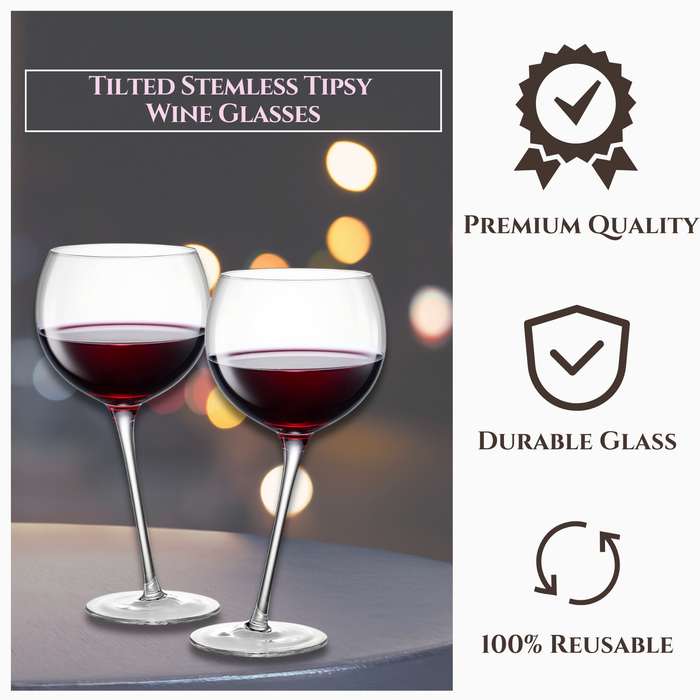 Tipsy Wine Glasses Set of 2 - 15.5OZ Unique Tilted Stemless Wine Glasses for Red or White Wine - Funny Novelty Drinkware for Parties, Bars, and Home Gift Idea - Lead-Free, Dishwasher Safe Glassware