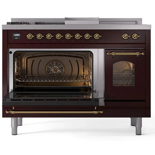 ILVE Nostalgie II 48"  Dual Fuel Natural Gas Range Burgundy Brass Trim UP48FSNMPBUG