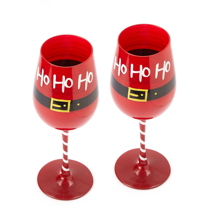 Ho Ho Ho Santa's Christmas Stemmed Wine & Water Glasses - Set of 2 - HoHoHo, Red & Black, 9" H - Holiday Parties Glassware - Xmas Tree - Set of 2, 17.5oz - Merry Christmas Santa Festive Glass