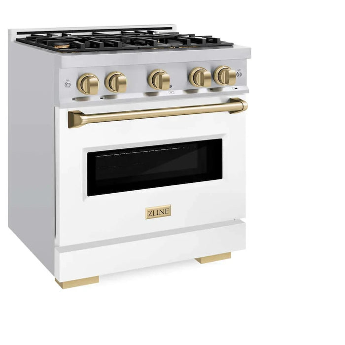 ZLINE 30" Dual Fuel Range, Gas Cooktop, Electric Convection Oven Stainless Steel, White Matte Champagne Bronze CDRZ-WM-30-CB