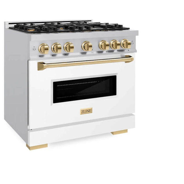ZLINE 36" Dual Fuel Range, Gas Cooktop, Electric Convection Oven Stainless Steel, Matte White Door Polished Gold CDRZ-WM-36-G