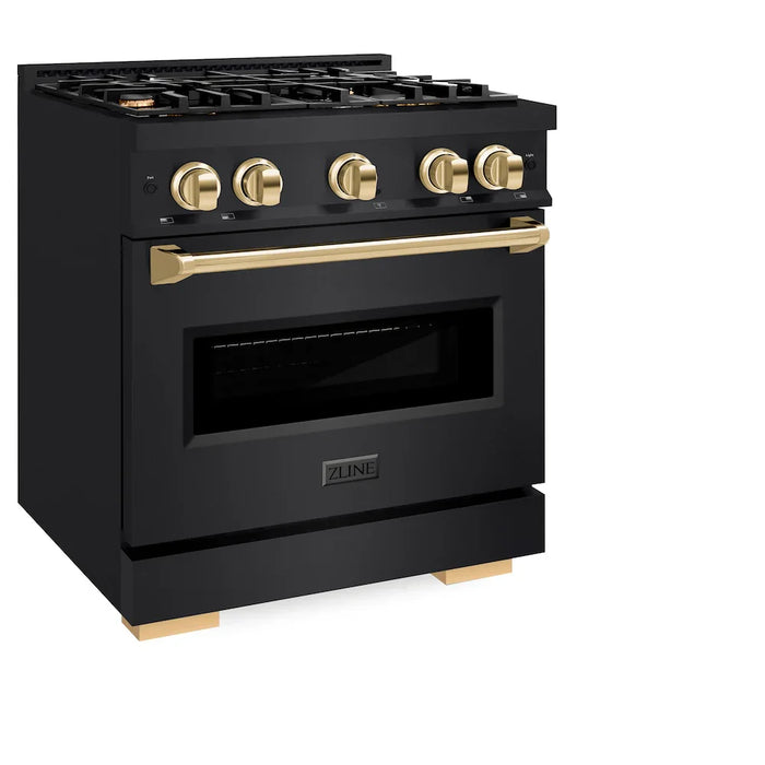 ZLINE 30" Dual Fuel Range, Gas Cooktop, Electric Convection Oven Black Stainless Steel, Gold CDRBZ-30-G