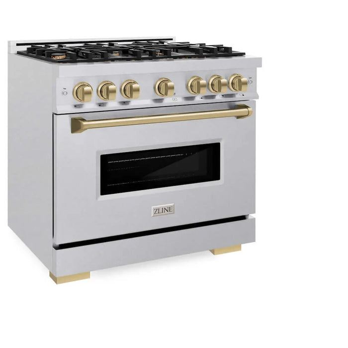 ZLINE 36" Dual Fuel Range, Gas Cooktop, Electric Convection Oven DuraSnow® Stainless Steel, Champagne Bronze CDRSZ-36-CB