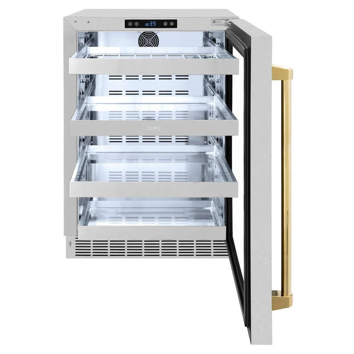 ZLINE 24" Touchstone 151 Can Beverage Fridge DuraSnow® Stainless Steel Glass Door Polished Gold Handle RBSOZ-SN-24-G