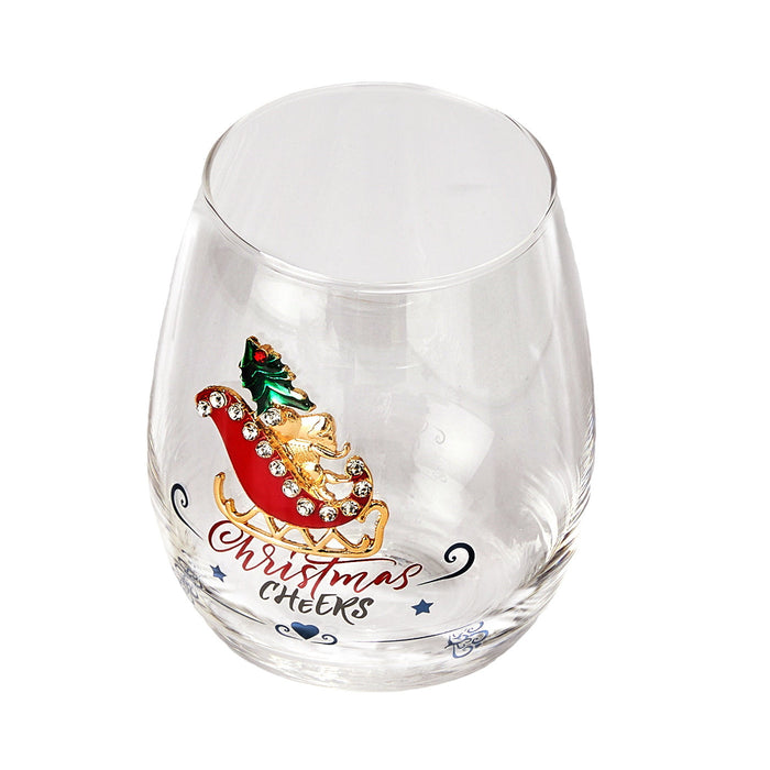 Crystal Christmas Santa's Sleigh Wine & Water Glasses - Set of 2, 17.5oz - Xmas Diamond Merry Christmas Santa Holiday Festive Theme Stemless Glass - New Year Holiday Gifts for Men Women Friend Family