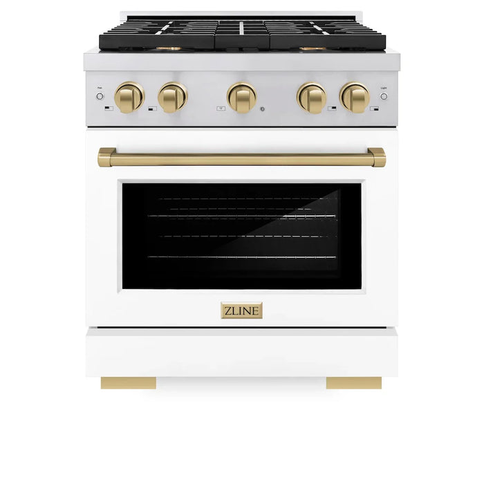 ZLINE 30"Paramount Dual Fuel Range White Matte Champagne Bronze SDRZ-WM-30-CB
