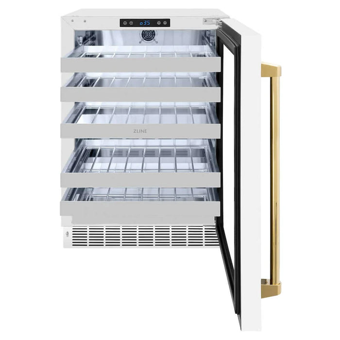 ZLINE 24" Touchstone Dual Zone 44 Bottle Wine Cooler White Matte Glass Door Polished Gold Handle RWDOZ-WM-24-G