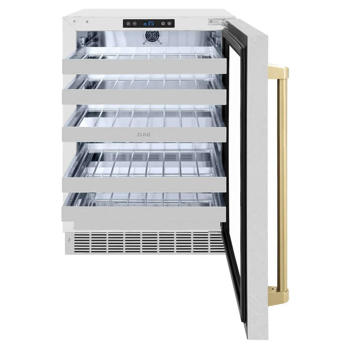 ZLINE 24" Touchstone Dual Zone 44 Bottle Wine Cooler DuraSnow® Stainless Steel Glass Door Champagne Bronze Handle RWDOZ-SN-24-CB