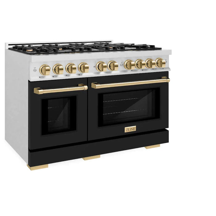 ZLINE 48" Select Dual Fuel Range Gas Cooktop Electric Convection Oven DuraSnow® Stainless Steel Black Matte Door Gold HDRSZ-BLM-48-G