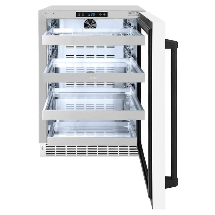 ZLINE 24" Touchstone 151 Can Beverage Fridge White Matte Glass Door Matte Black Handle RBSOZ-WM-24-MB