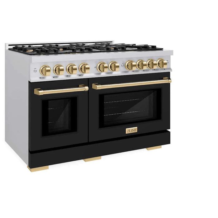 ZLINE 48" Select Dual Fuel Range Gas Cooktop Electric Convection Oven Stainless Steel Black Matte Doors Gold HDRZ-BLM-48-G