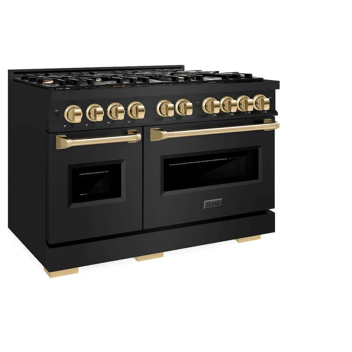 ZLINE 48" Dual Fuel Range, Gas Cooktop, Electric Convection Oven Black Stainless Steel, Gold CDRBZ-48-G