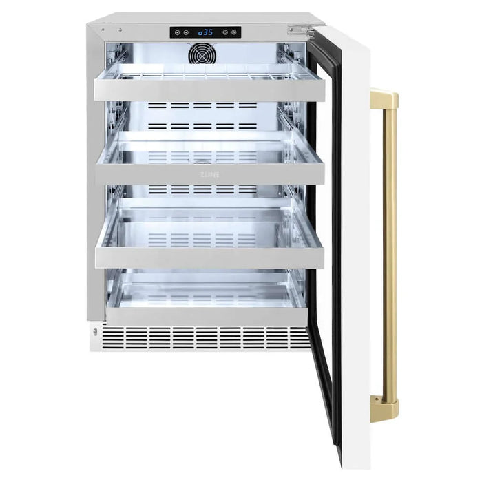 ZLINE 24" Touchstone 151 Can Beverage Fridge White Matte Glass Door Champagne Bronze Handle RBSOZ-WM-24-CB