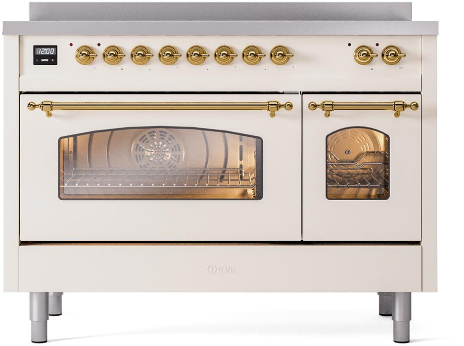 ILVE Nostalgie II 48" Electric Range, Antique White, Brass Trim UPI486NMPAWG