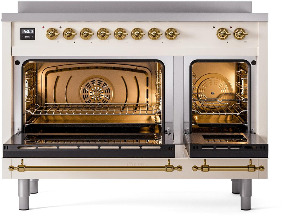 ILVE Nostalgie II 48" Electric Range, Antique White, Brass Trim UPI486NMPAWG