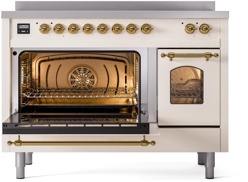 ILVE Nostalgie II 48" Electric Range, Antique White, Brass Trim UPI486NMPAWG
