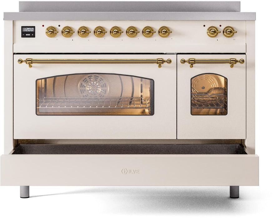 ILVE Nostalgie II 48" Electric Range, Antique White, Brass Trim UPI486NMPAWG